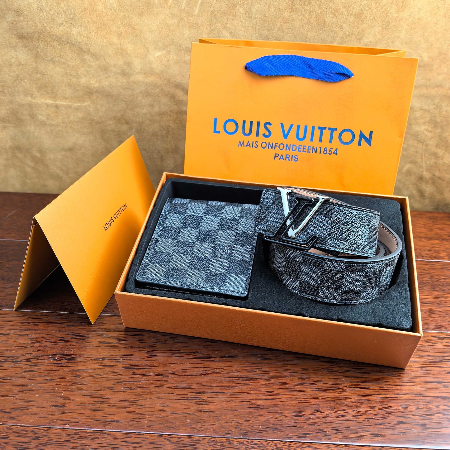 2025 L Home Classic Double Buckle Black Grid Belt + Wallet Set