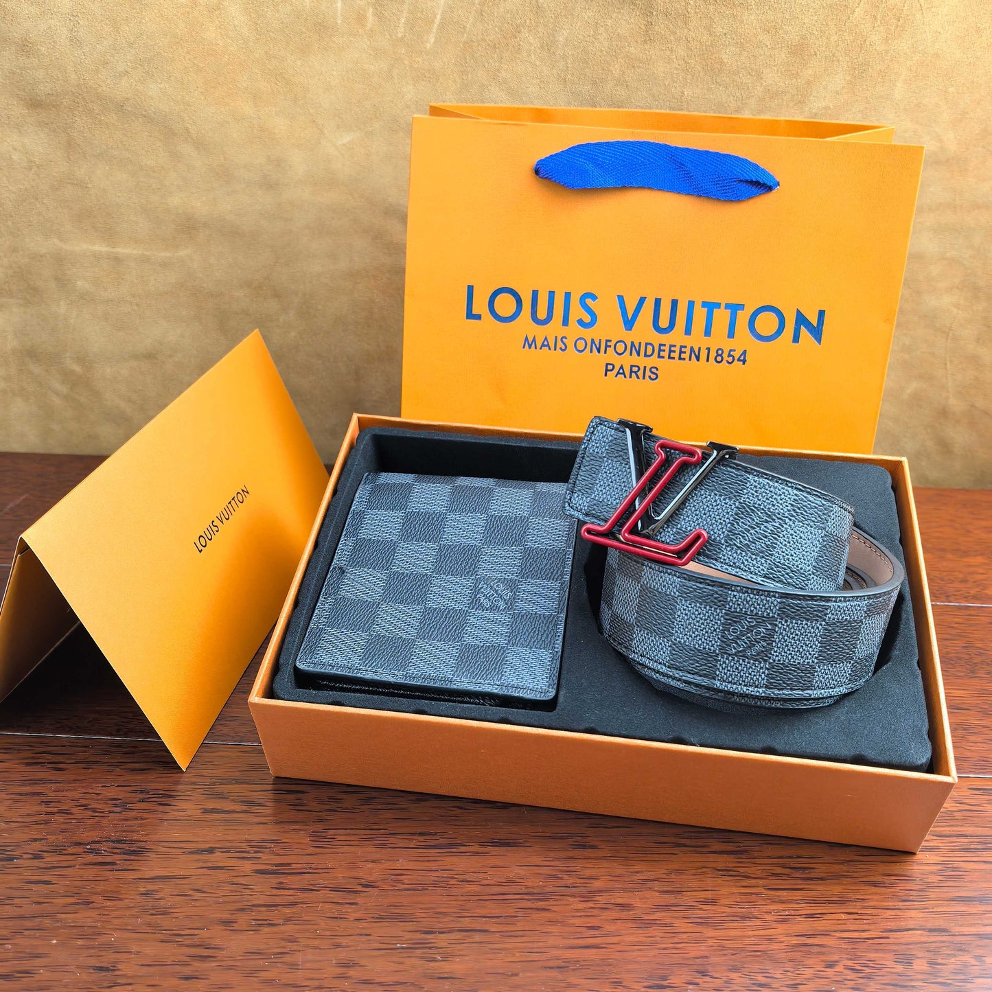2025 L Home Classic Double Buckle Black Grid Belt + Wallet Set