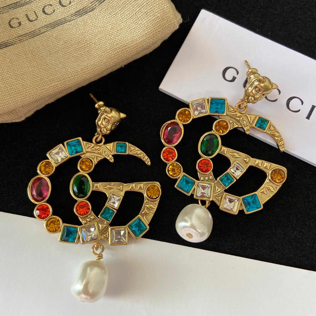2025 Tiger Head Fancy Diamond Pearl Earrings